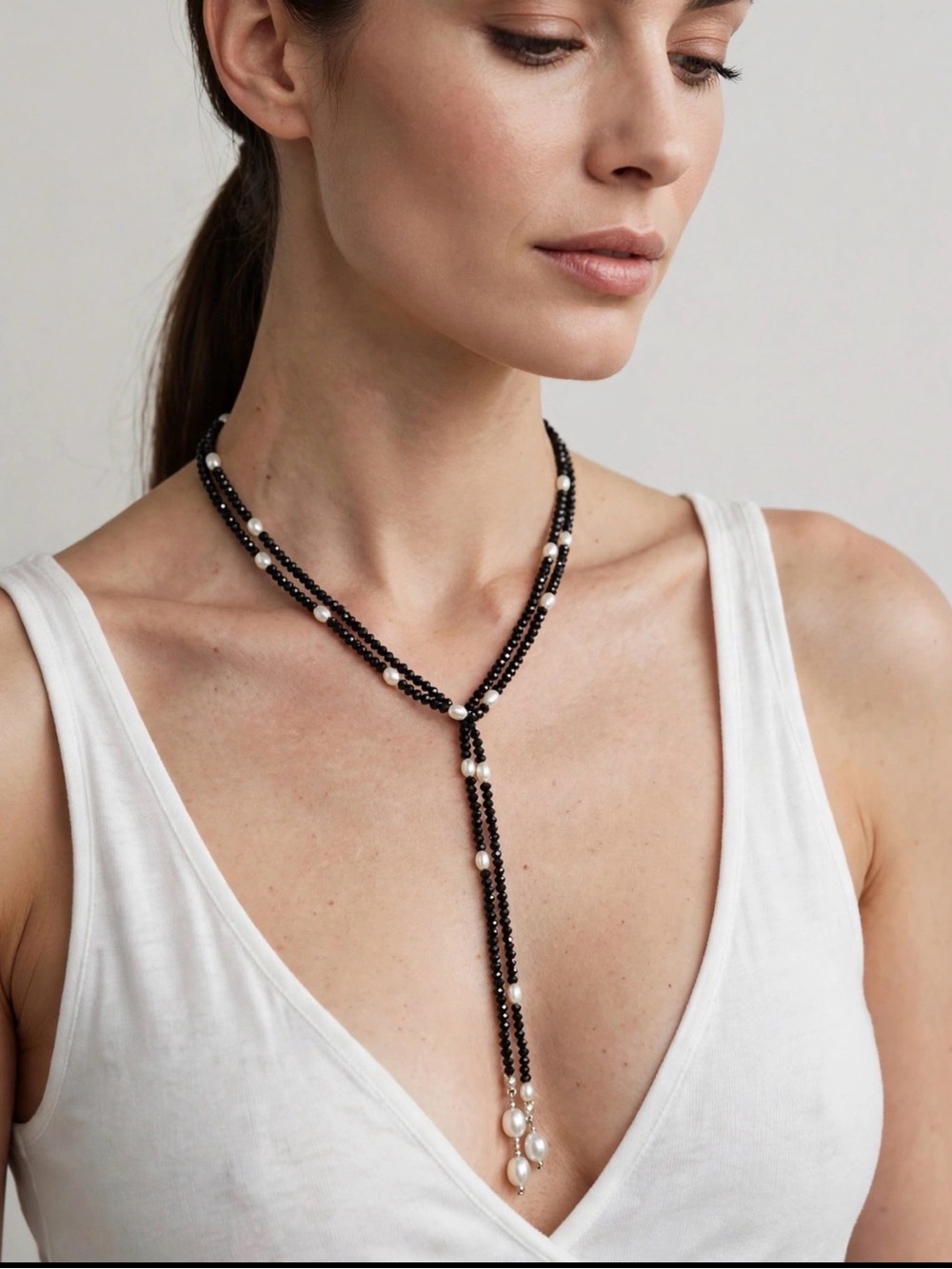 Lily Luxe Black Beaded Lariat Y-Necklace with Faux Pearl Accents